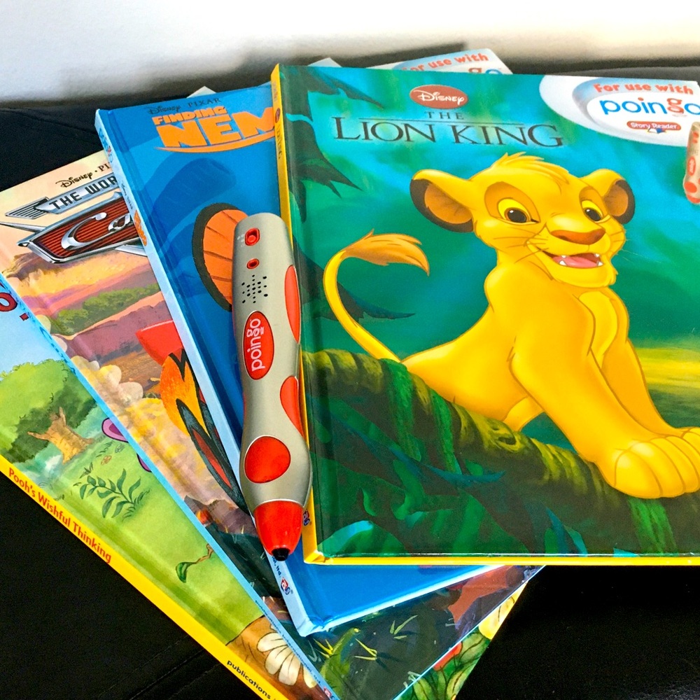 Disney Poingo Interactive Reader Lot- 4 Books-Lion King,Nemo,Cars,Winnie *w/pen